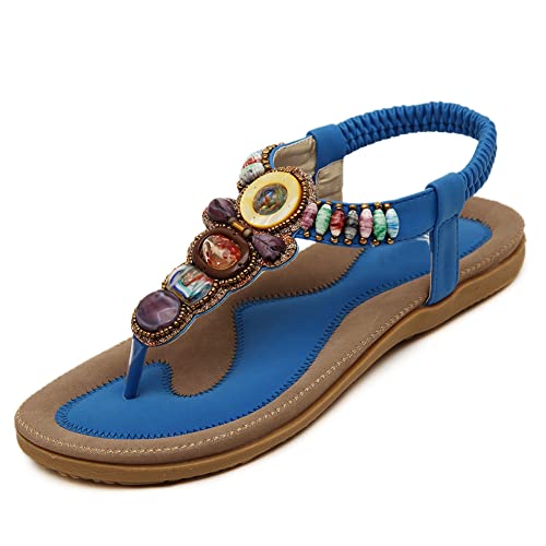 Flache Sommersandalen für Damen, Strand-Barfußschuhe, Mode mit Pool-Slider, Bequeme Sohle, leicht,Blau,38 von QGNDS