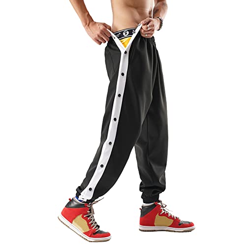 Herren Trainingshose Hosen Sweatshose mit seitlicher Knopfleiste Sweatpants Elastischer Bund Jogginghose mit Taschen, Knöpfe, Casual Loose Persönlichkeit Seitenschnalle Split Basketball Hose,B,XXL von QGNDS