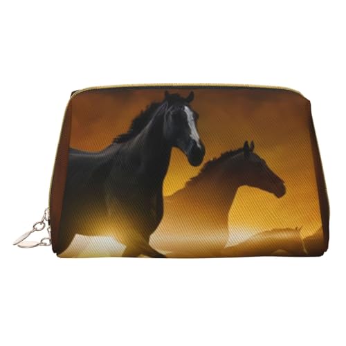 QGWDYYJQ Make-up-Tasche aus Leder, Motiv: Laufende schwarze Pferde, tragbare Kosmetiktasche, Kulturbeutel, Clutch-Tasche, weiß, Einheitsgröße von QGWDYYJQ