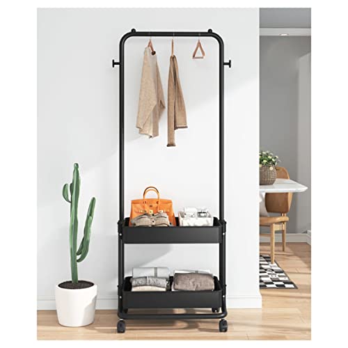 QHFTREX 2-in-1-Kleiderständer, Garderobenständer mit 2-stufigem Korb, Rollbarer Kleider-Organizer auf Rädern für Zuhause, Schlafzimmer, Wäscherei, kleine Räume, Eingangsbereich/Schwarz powerfully von QHFTREX