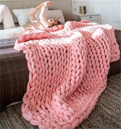 Grobstrickdecke, 100% Hand Gestrickte Überwurfdecken für Couchbett, Weich und Gemütlich Gewichtet Dick Gewebte Überwurfdecke, für Bett Stuhl Sofa, Yogamatte Teppich Heimdekoration(Pink,150*150cm) von QHNTUJLB