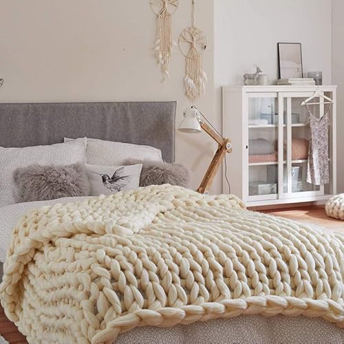 QHNTUJLB Klobig Strickdeckenüberwurf, Weich Atmungsaktiv Klobig Gestrickter Überwurf, Handgefertigt Stricken Warm Gemütlich Decke, für Bett Couch Sofa Stuhl Heimdekoration(Cream Yellow,80 * 80cm) von QHNTUJLB