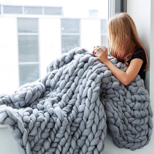 QHNTUJLB Klobig Strickdeckenüberwurf, Weich Atmungsaktiv Klobig Gestrickter Überwurf, Handgefertigt Stricken Warm Gemütlich Decke, für Bett Couch Sofa Stuhl Heimdekoration(Light Grey,60 * 60cm) von QHNTUJLB