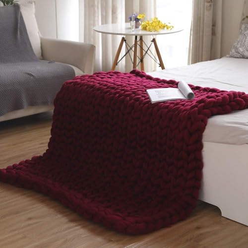 QHNTUJLB Klobig Strickdeckenüberwurf, Weich Atmungsaktiv Klobig Gestrickter Überwurf, Handgefertigt Stricken Warm Gemütlich Decke, für Bett Couch Sofa Stuhl Heimdekoration(Wine Red,100 * 150cm) von QHNTUJLB