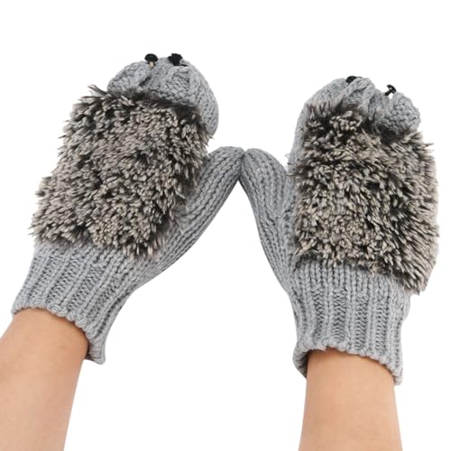 QINQNC Männer Thermohandschuhe Winterhandschuhe Herren Wintermode warme Strickhandschuhe verdickte und Samtkopf-Igel-Handschuhe Herren Damen Skifahren Handschuhe Damen Skifahren (Grey, One Size) von QINQNC