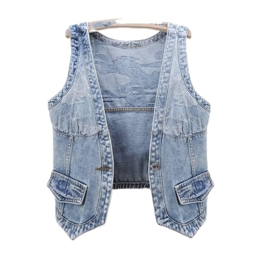 QIUFEN Ärmellose Jeansweste Für Damen - Modemuster Große Tasche Ärmellose Strickjacke, V Ausschnitt Knopf Kurze Denim Weste, Doppeltasche Locker Casual Denim Gilet Frühling Sommer,Geeignet Für Stree von QIUFEN