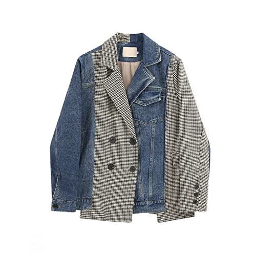 QIUFEN Jeansjacke Für Damen - All-Match Karo Nähte Single Breasted Revers Denim Jacke Frauen, Loose Long Sleeve Slim Ultrakurze Oberbekleidung, Große Größe Big Pocket Cropped Denim Jacke, Blau, XL von QIUFEN