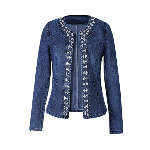 QIUFEN Jeansjacke Für Damen - Vintage Hellblaue Perlen Pailletten Revers Denim Jacke Mantel,Reißverschluss Langarm Große Größe Kurze Denim Jacke Frühling Herbst,Damen Mit Tasche Slim Fit Harajuku Den QIUFEN Jeansjacke Für Damen - Vintage Hellblaue Perlen Pailletten Revers Denim Jacke Mantel,Reißverschluss Langarm Große Größe Kurze Denim Jacke Frühling Herbst,Damen Mit Tasche Slim Fit Harajuku Den von QIUFEN