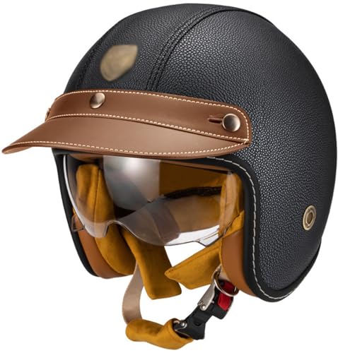 3/4 Vintage Jethelm Motorradhelm mit Lederkrempe ECE Zulassung Roller Scooter Helm Moped Mofa-Helm Chopper Retro Vintage Biker Helmet für Erwachsene Herren Damen B,L=58-60CM von QKBMFK