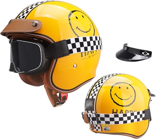 Retro Motorrad 3/4 Halbhelm Jethelm mit Sonnenblende Brille ECE-Zulassung Mopedhelm Motorradkreuzer-Rollerhelm Chopper Helm Straße Fahrrad Helm für Erwachsene Herren Damen F,XL=60-63CM von QKBMFK