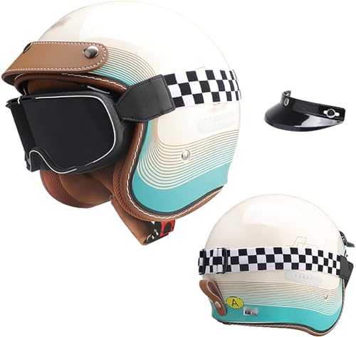 Retro Motorrad 3/4 Halbhelm Jethelm mit Sonnenblende Brille ECE-Zulassung Mopedhelm Motorradkreuzer-Rollerhelm Chopper Helm Straße Fahrrad Helm für Erwachsene Herren Damen G,XL=60-63CM von QKBMFK