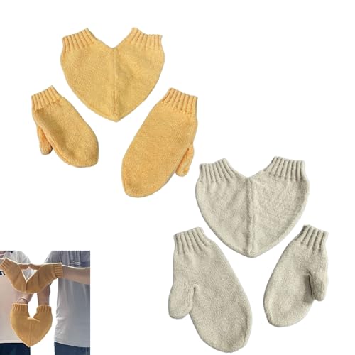 QKCQQTS 2er-Set lustige Händchen haltende Handschuhe, Hand-in-Hand-Fäustlinge für Liebespaare, warme gestrickte Händchen haltende Handschuhe (Yellow+Gray,One Size) von QKCQQTS