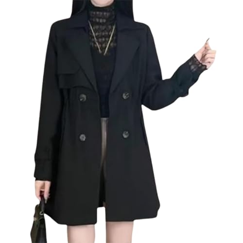 QKCQQTS Bequemer Trenchcoat mit tailliertem Revers, zweireihiger, lässiger Slim-Fit-Mantel für Damen in Frühlings- und Herbstlänge (Black,2XL) von QKCQQTS