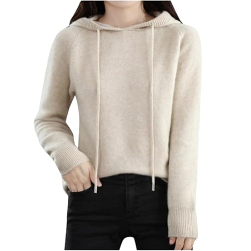 QKCQQTS Damen Kaschmirpullover Sportpullover, lockerer Damenpullover mit Kordelzug und Strickbund (Beige,XL) von QKCQQTS