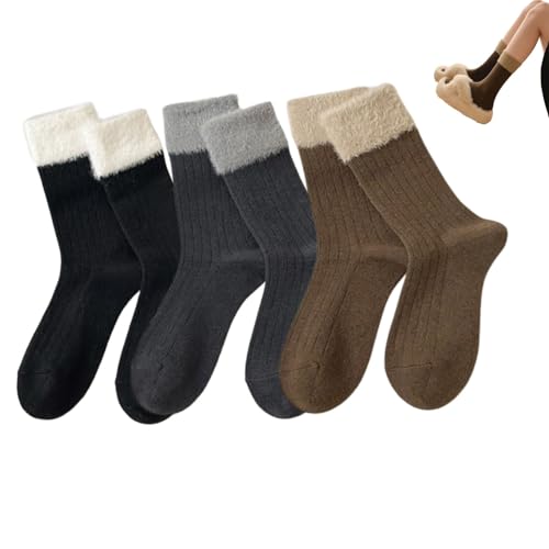 QKCQQTS Flauschige Damensocken, 3 Paar Wollsocken für Damen, Wollsocken für Herbst und Winter, Damensocken mit halbhohem Schaft (3 Pairs-b,One Size) von QKCQQTS