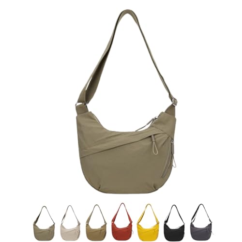 QKCQQTS Halbmondförmige Umhängetaschen für Damen, Umhängetasche aus Retro-Nylon-Canvas, lässige Schultertasche mit Mehreren Reißverschlusstaschen (Green,One Size) von QKCQQTS