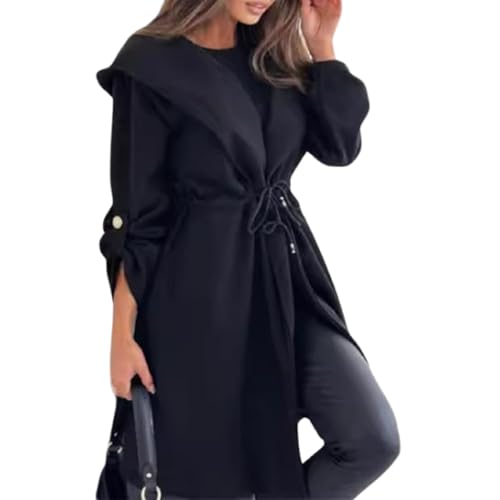 QKCQQTS Lange Kapuzenjacke mit Bindeband an der Taille für Damen, lässiger Trenchcoat mit Reverskragen, offener Vorderseite und langem Kapuzenmantel (Black,2XL) von QKCQQTS