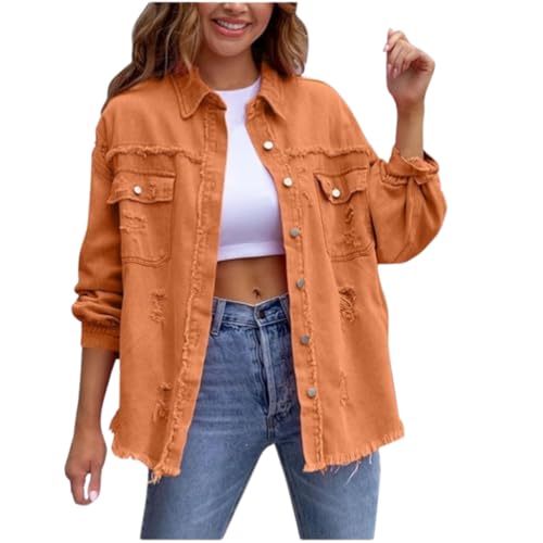 QKCQQTS Übergroße Jeansjacke mit zerrissenen Fransen und Taschen für Damen, lässige Jeansjacke mit Knopfleiste und Used-Look für Damen (Orange,XXL) von QKCQQTS