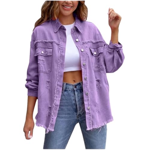 QKCQQTS Übergroße Jeansjacke mit zerrissenen Fransen und Taschen für Damen, lässige Jeansjacke mit Knopfleiste und Used-Look für Damen (Purple,XXL) von QKCQQTS