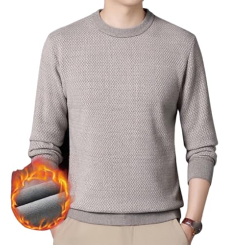 QKCQQTS Warmes, gemütliches, gefüttertes Rundhalsoberteil für Herren, warmes, langärmliges Strickpullover-Shirt für Herren, warme Winteroberteile für Herren (Beige,L) von QKCQQTS