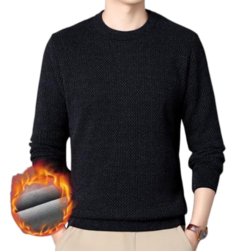 QKCQQTS Warmes, gemütliches, gefüttertes Rundhalsoberteil für Herren, warmes, langärmliges Strickpullover-Shirt für Herren, warme Winteroberteile für Herren (Black,M) von QKCQQTS