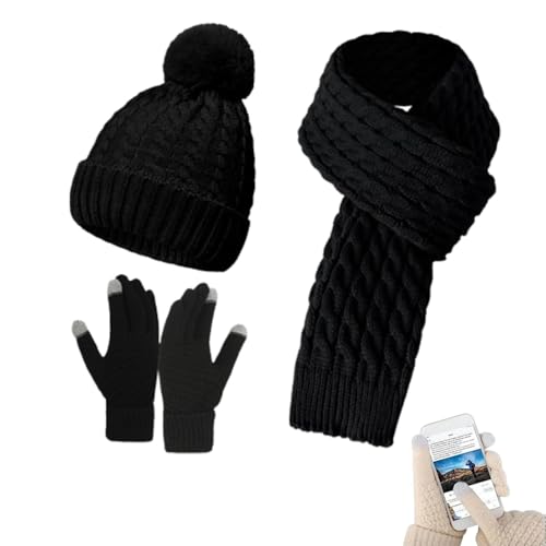 QKCQQTS Wintermütze, Mütze, Schal, Handschuhe, Set für Damen, Damenmützen für den Winter, Langer Schal und Touchscreen-Handschuhe, 3 in 1 (Black,One Size) von QKCQQTS