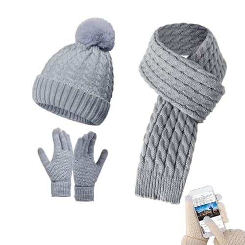 QKCQQTS Wintermütze, Mütze, Schal, Handschuhe, Set für Damen, Damenmützen für den Winter, Langer Schal und Touchscreen-Handschuhe, 3 in 1 (Gray,One Size) von QKCQQTS