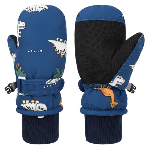 QKURT 1 Paar Kinder-Winter-Ski-Handschuhe, Winddichte Handschuhe für Kinder mit Fleecefutter, rutschfeste Mitthandschuhe für kaltes Wetter, Dinosaurier-Handschuhe, wasserdichte Schneehandschuhe von QKURT