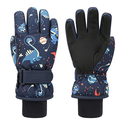 QKURT Ski Handschuhe für Kinder, wasserdichte Schnee Handschuhe, Winter Warme Fleece Handschuhe, Dinosaurier Kinder Handschuhe für Schlitten Snowboard Skifahren für Jungen und Mädchen gealtert 2-6 von QKURT