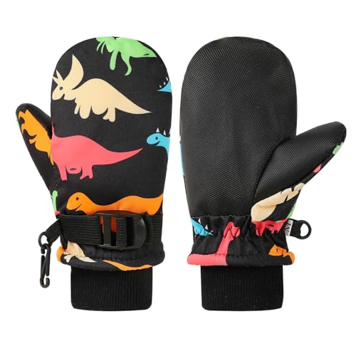 QKURT Skihandschuhe für Kinder, wasserdichte Schneehandschuhe für den Winter, Kinder-Skihandschuhe mit Dinosauriermuster für 2-8 Jahre alte Jungen und Mädchen von QKURT