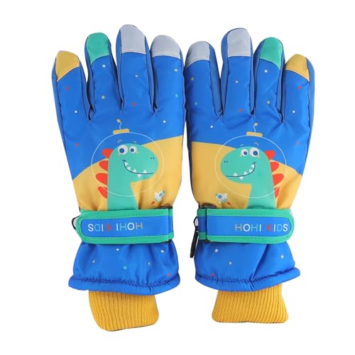 QKURT Winter-Skihandschuhe für Kinder, wasserdicht, rutschfest, Plüsch, Thermo, warm, Snowboard-Dinosaurier-Handschuhe für Kinder, Mädchen, Jungen, Alter 3–6 Jahre, Blau von QKURT