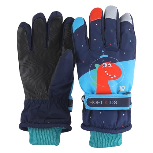 QKURT Winter-Skihandschuhe für Kinder, wasserdicht, rutschfest, Plüsch, Thermo, warm, Snowboard-Dinosaurier-Handschuhe für Kinder, Mädchen, Jungen, Alter 7–12 Jahre, Dunkelblau von QKURT