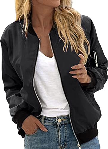 QLXYYFC Damen Bomberjacke Leichte Casual Kurze Pilotenjacke Kurzjacke Herbst Frühling Collegejacke(Noir,XXL) von QLXYYFC