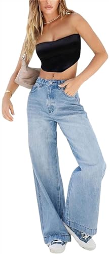 QLXYYFC Damen Jeans mit Hoher Taille, Weitem Bein, Lässige, Leichte Jeans mit Taschen Und Knöpfen, Reißverschluss, Y2K Loose Boyfriend-Jeans(L) von QLXYYFC
