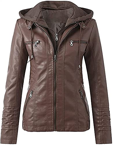 QLXYYFC Damen Kapuzen Kunstlederjacken Herbst Winter Motorradjacke Lässig Taillierte Übergangsjacke Winddicht Warm Bikerjacke mit Reißverschluss(Brown,M) von QLXYYFC