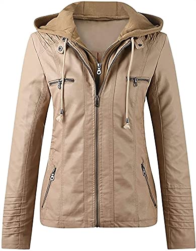 QLXYYFC Damen Kunstlederjacke Revers Reißverschluss Kurzmantel Lässiger Warmer Mantel Herbst Winter Motorradjacke Vintage Boyfriendjacke(Khaki,M) von QLXYYFC