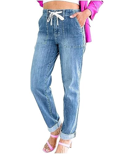 QLXYYFC Damen Lässig High Waist Jeans Baggy Jeans Damen Stretch Hosen mit Kordelzug Elastische (Color : Blue, Size : XL) von QLXYYFC