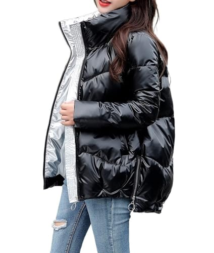 QLXYYFC Damen Puffer Jacke Einfarbige Winterjacke Warm Stehkragen Übergangsjacke Glänzend Daunenjacke Kurz Geschnitten Wattierte Steppjacke Jacke (Color : Noir, Size : L) von QLXYYFC