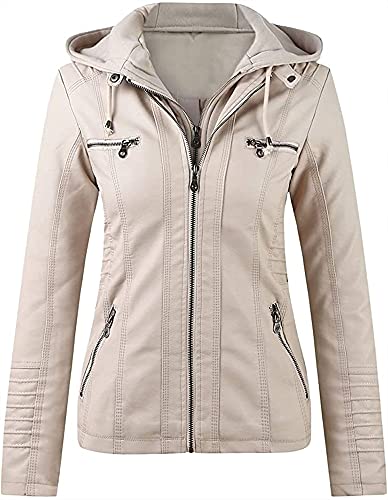 QLXYYFC Damen Schmaler Reißverschluss Winddichter Motorradmantel Damen Revers Kapuzen Lederjacke Vintage Boyfriend Cardigan Outwear Damen PU Moto Jacke(Beige,6XL) von QLXYYFC