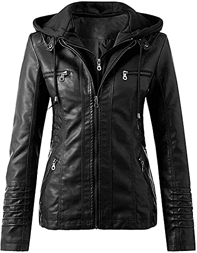 QLXYYFC Damen Schmaler Reißverschluss Winddichter Motorradmantel Damen Revers Kapuzen Lederjacke Vintage Boyfriend Cardigan Outwear Damen PU Moto Jacke(Noir,7XL) von QLXYYFC