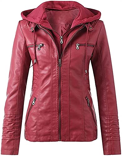 QLXYYFC Damen Schmaler Reißverschluss Winddichter Motorradmantel Damen Revers Kapuzen Lederjacke Vintage Boyfriend Cardigan Outwear Damen PU Moto Jacke(Rouge,3XL) von QLXYYFC