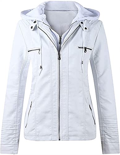 QLXYYFC Damen Schmaler Reißverschluss Winddichter Motorradmantel Damen Revers Kapuzen Lederjacke Vintage Boyfriend Cardigan Outwear Damen PU Moto Jacke(White,S) von QLXYYFC