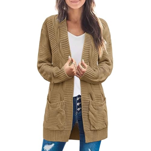 QLXYYFC Damen Strickjacke mit Zopfmuster, Strickjacke, Pullover, Knopfleiste, Langarm, Jacke mit Tasche für Herbst, Winter, Frühling(Brown,XXL) von QLXYYFC