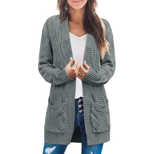 QLXYYFC Damen Strickjacke mit Zopfmuster, Strickjacke, Pullover, Knopfleiste, Langarm, Jacke mit Tasche für Herbst, Winter, Frühling(Grey,S) von QLXYYFC