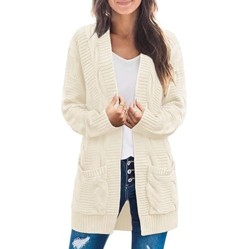 QLXYYFC Damen-Strickjacke mit Zopfmuster, Vorne Offen, Grober Strickjacke, Pullover, Langärmelig, Jacke mit Tasche für Herbst, Winter, Frühling(Beige,M) von QLXYYFC