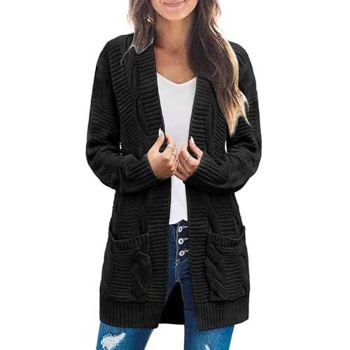 QLXYYFC Damen-Strickjacke mit Zopfmuster, Vorne Offen, Grober Strickjacke, Pullover, Langärmelig, Jacke mit Tasche für Herbst, Winter, Frühling(Noir,XL) von QLXYYFC