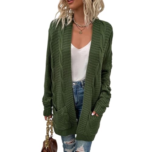 QLXYYFC Damen-Strickjacke mit Zopfmuster, Vorne Offen, Grober Strickjacke, Pullover, Langärmelig, Jacke mit Tasche für Herbst, Winter, Frühling(Verde,M) von QLXYYFC