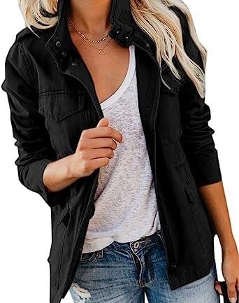 QLXYYFC Damen Übergangsjacke, Stehkragen, mehrere Taschen, Utility-Jacke, leichte Sommerjacke, Boyfriend-Parka (Color : Noir, Size : L) von QLXYYFC