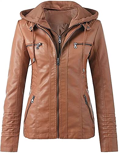 QLXYYFC Moto-Bikerjacke mit Kapuze, Kunstlederjacke für Damen, Freizeitmantel für Den Winter, Warm, Vintage, Boyfriend-Cardigan, Oberbekleidung(Orange,S) von QLXYYFC