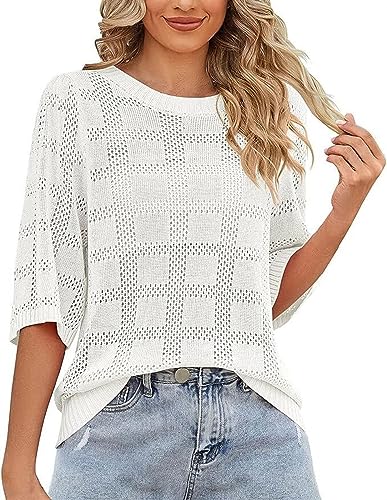 QLXYYFC Pullover Damen,Damen Strickpullover Rundhals Jumper Lochstrick Einfarbig Strickpulli Sweater Oversize Sweatshirt Herbst Winter Elegant Pulli (Color : White, Size : L) von QLXYYFC